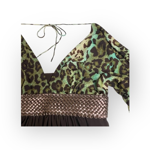 Linda Segal ⌘ Braided Belt Plunging Neckline Top ⌘ Chocolate Mint Leopard ⌘ L ⌘ - Picture 4 of 16